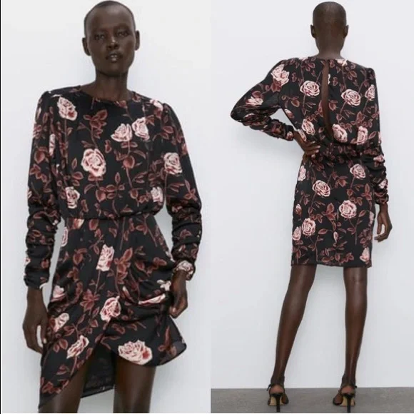 Zara Ruched Long Sleeve Rose Print Mini Asymmetrical Dress NWOT - Picture 3 of 13